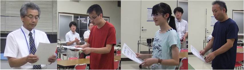 左から任命書を渡す校長先生、会長の理療科２年生、副会長の中学部１年生、会計書記の理療科２年生。期待しています！