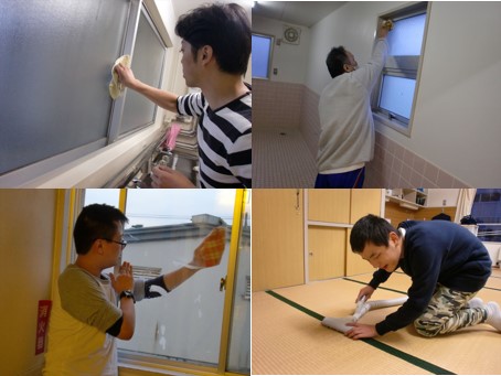 窓ふきや丁寧に手探りで掃除機をかける小学部舎生