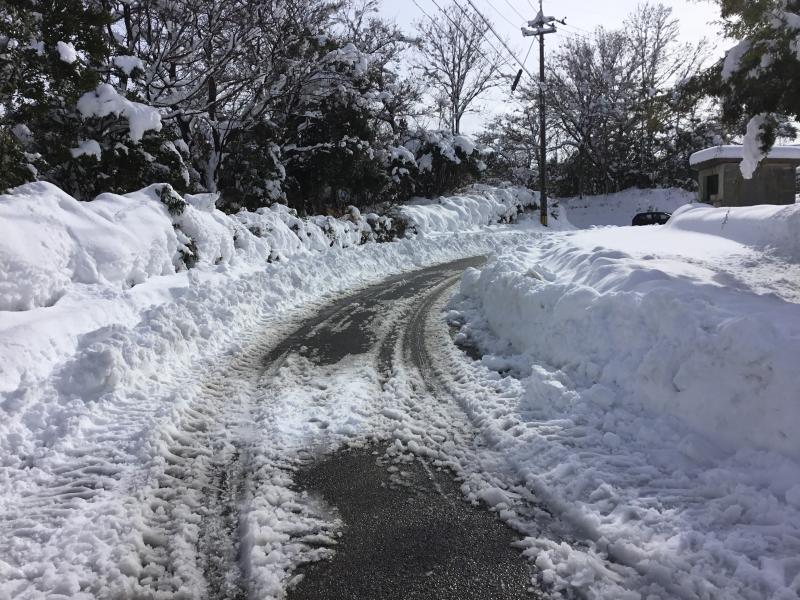県道から校門までの道路は除雪の幅が狭く，車のすれ違いは危険な状態です。